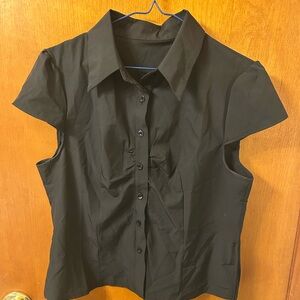 Classic Black Cap-Sleeve Button-Up Top